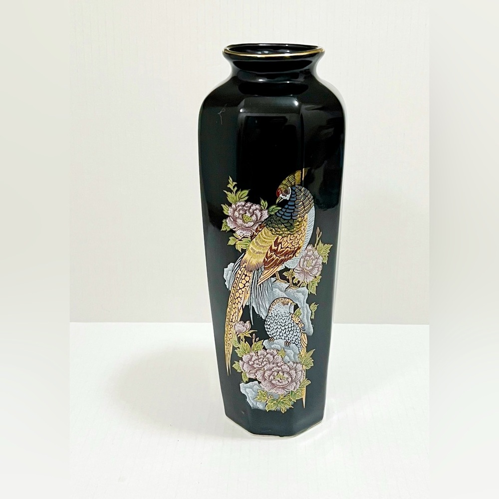Vintage Japanese Black Ceramic Vase With Pheasant